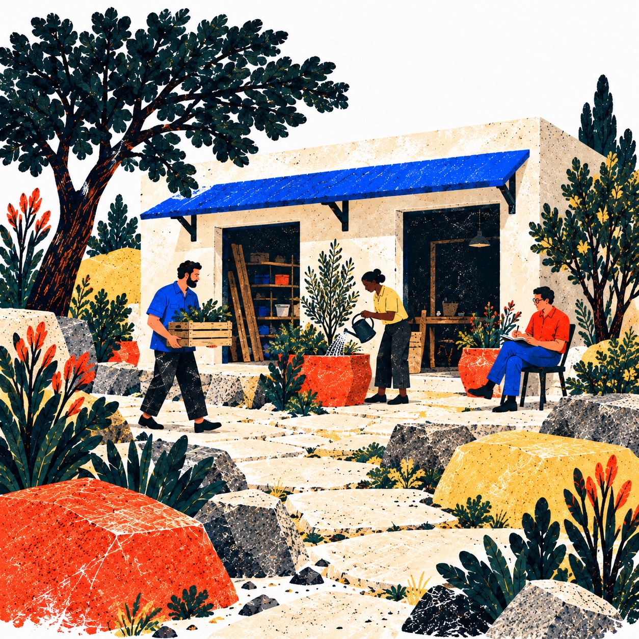 Three colleagues care for a shared studio courtyard, carrying plants, watering a tree, and working in a notebook.