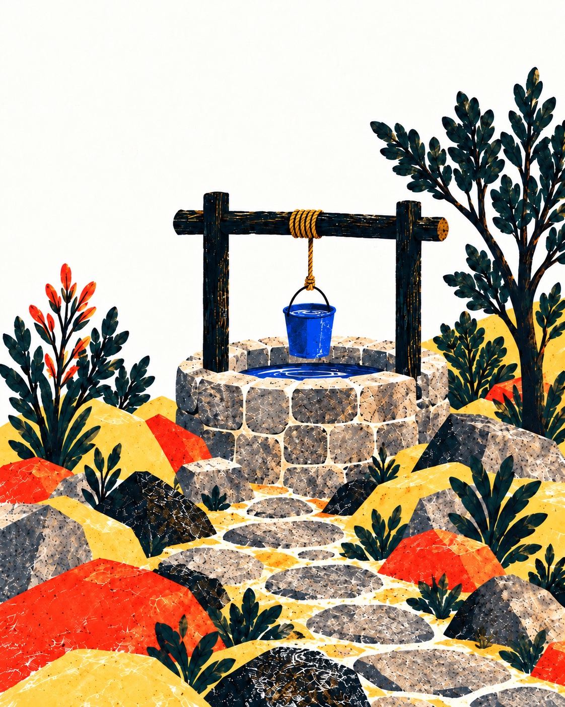 A blue bucket draws water from a stone well, reached by a dry path among colorful rocks and plants.