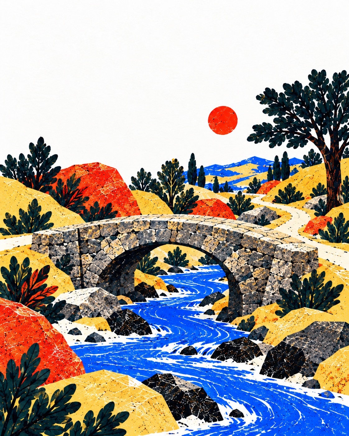 A sturdy stone footbridge carries a worn path across a blue stream, connecting its two banks.