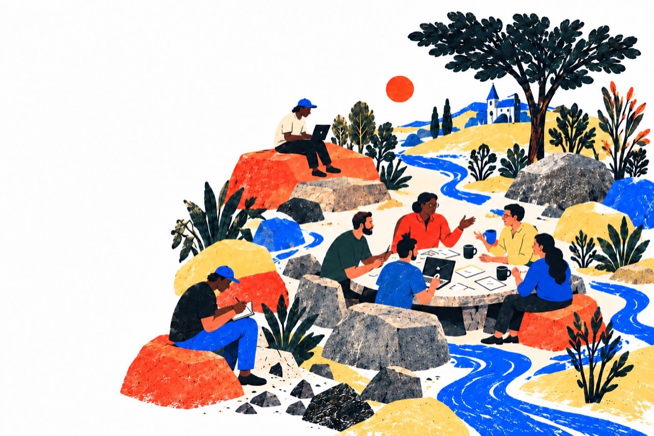 An illustrated collective sharing a stone worktable, surrounded by makers, colorful boulders, and a winding blue stream.