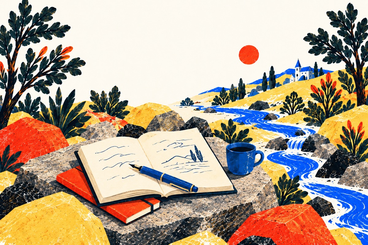 An open notebook, fountain pen, and blue cup on a stone beside a stream, with a small church in the distance.