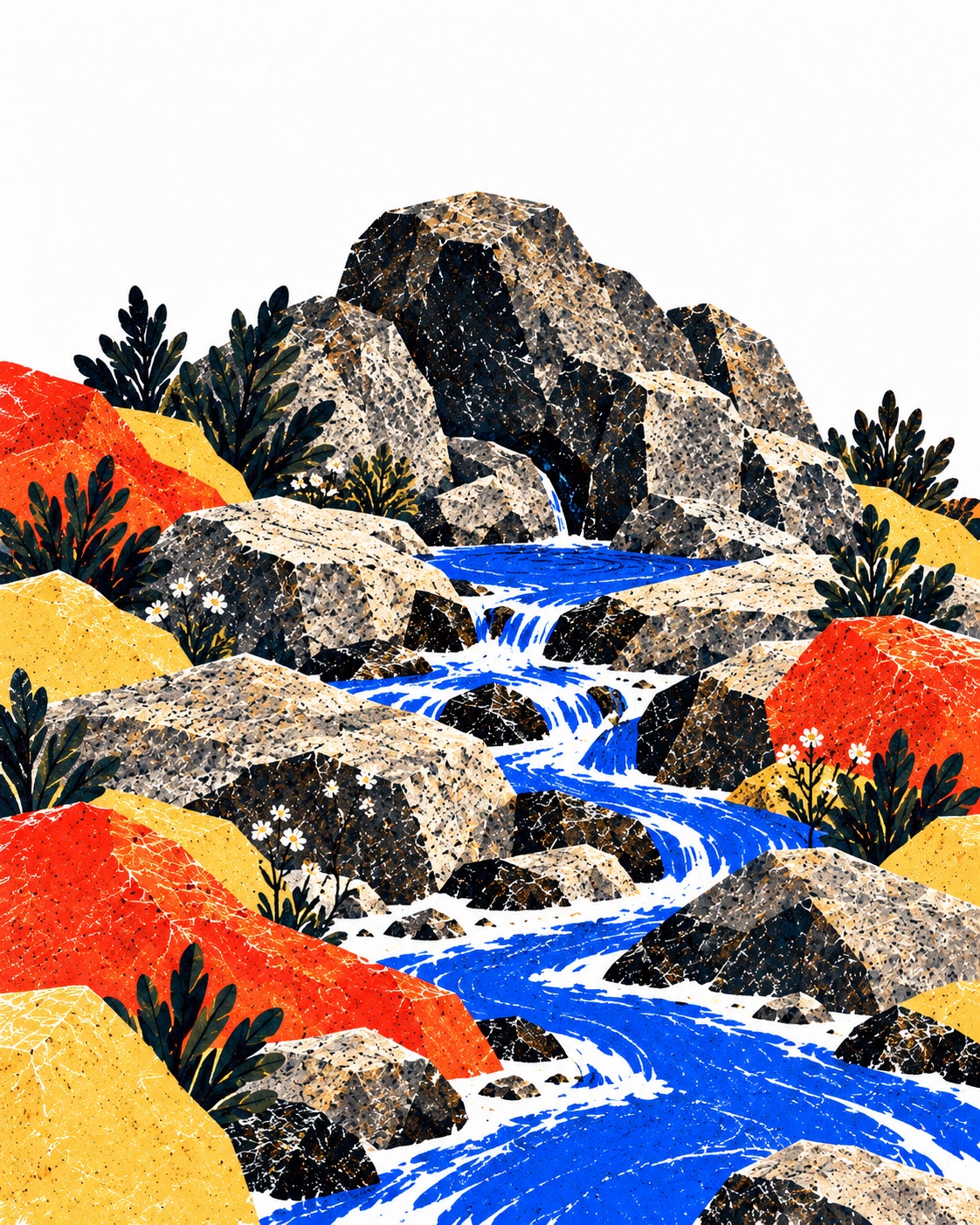 A natural spring gathers in a rock basin and flows between weathered stones and wildflowers.