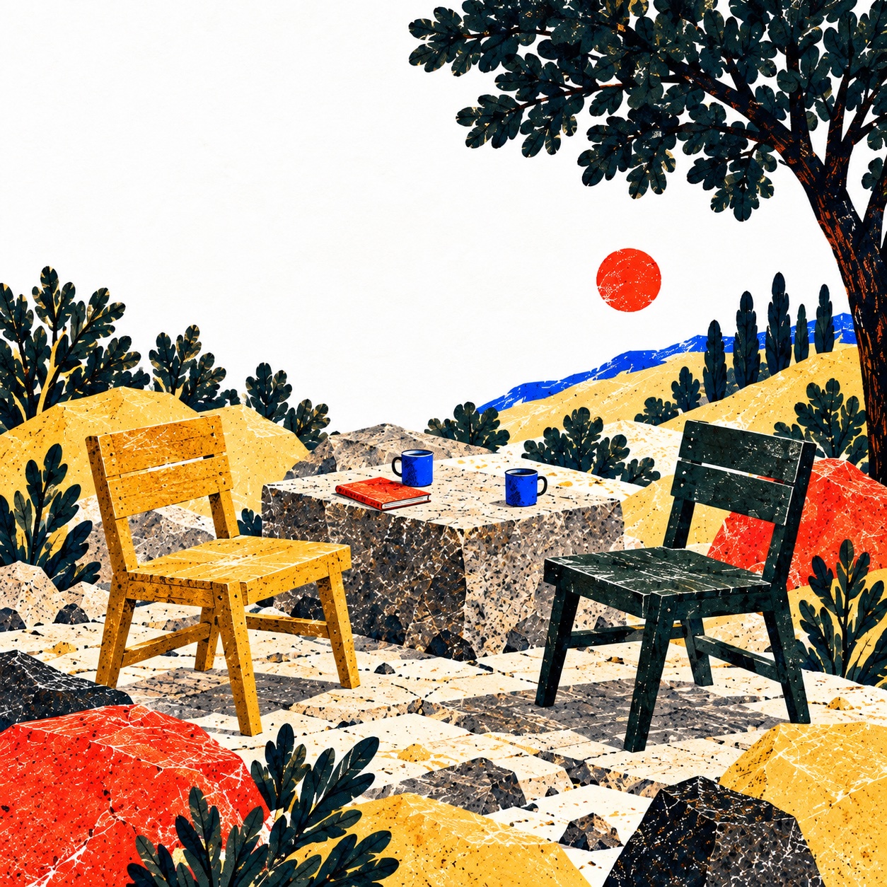 Two chairs face a stone table with blue cups and a red notebook, ready for a conversation under a tree.