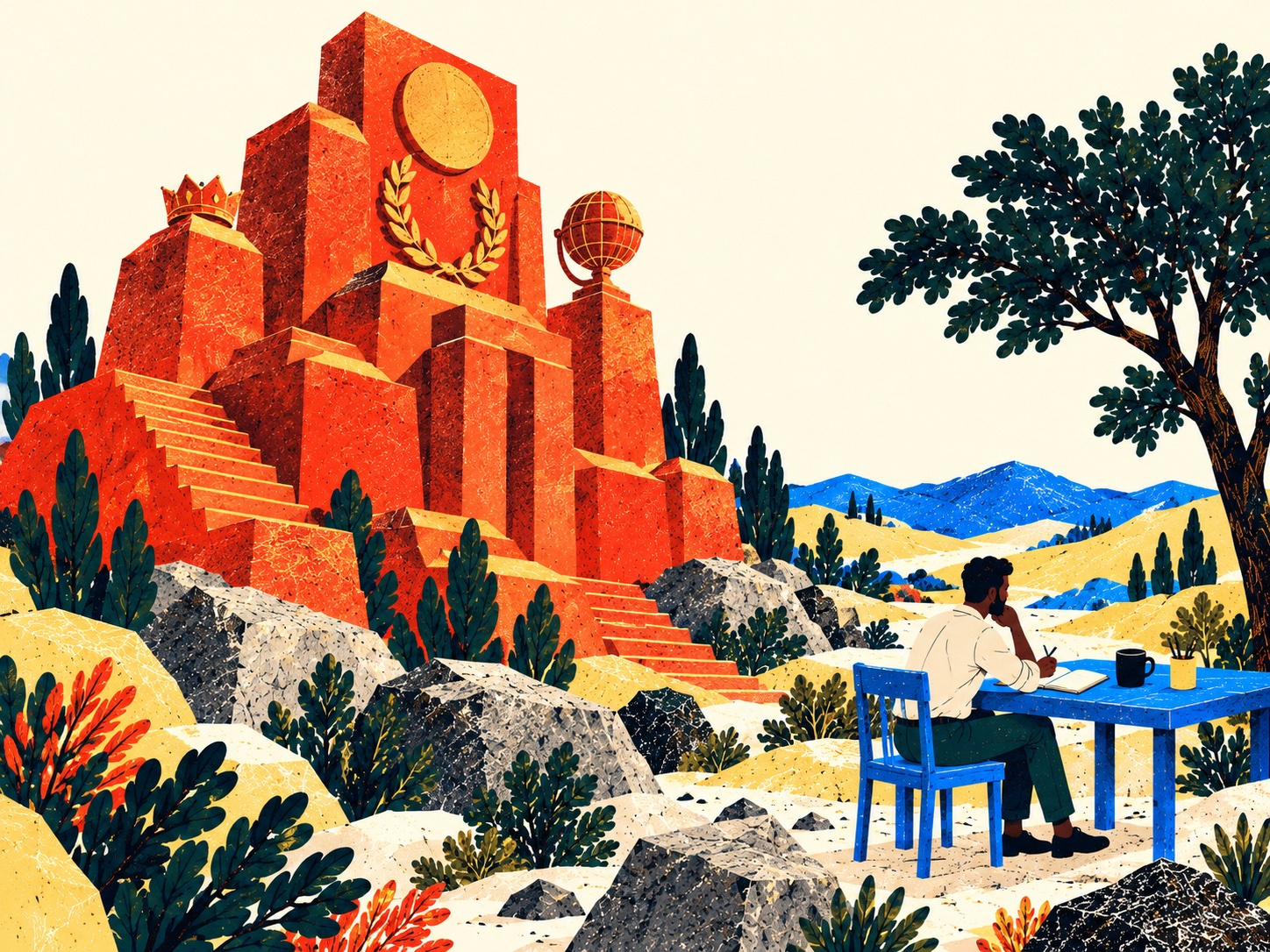 A person works at a modest cobalt table beside an enormous vermilion monument adorned with symbols of success.