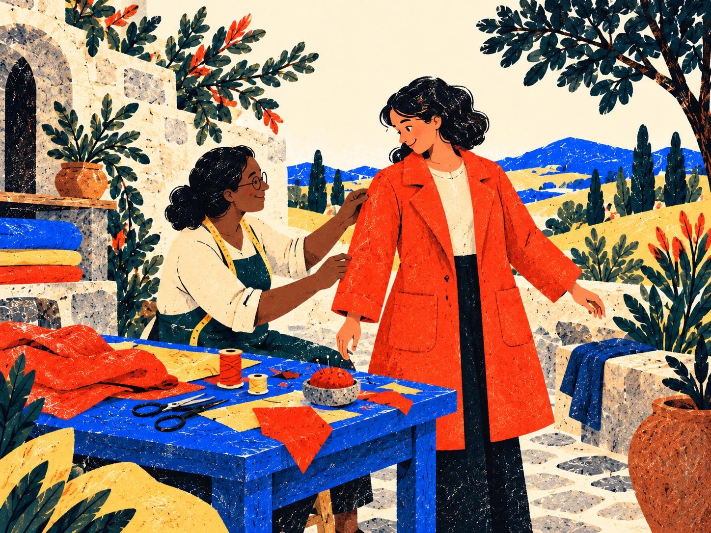 A tailor adjusts a bright vermilion coat on a neighbor beside a cobalt table with fabric and sewing tools.