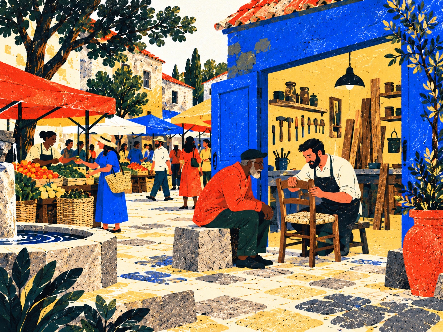 A woodworker helps an older neighbor repair a chair outside a cobalt workshop beside a lively market.