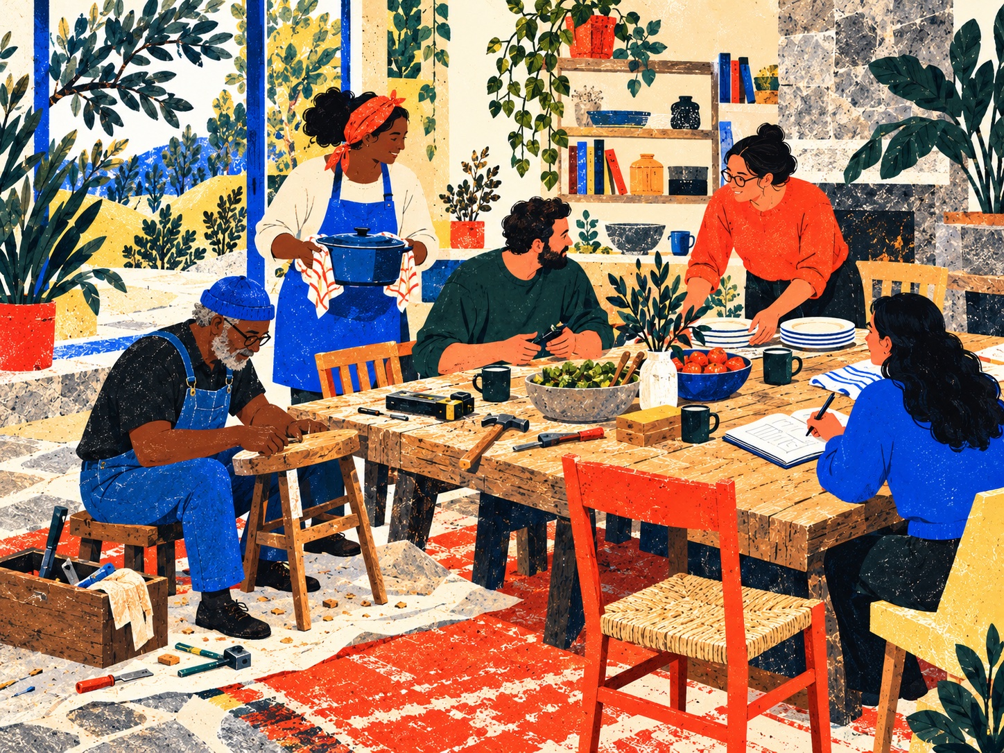 Neighbors share a meal, repair a stool and work at a long table with an empty red chair.