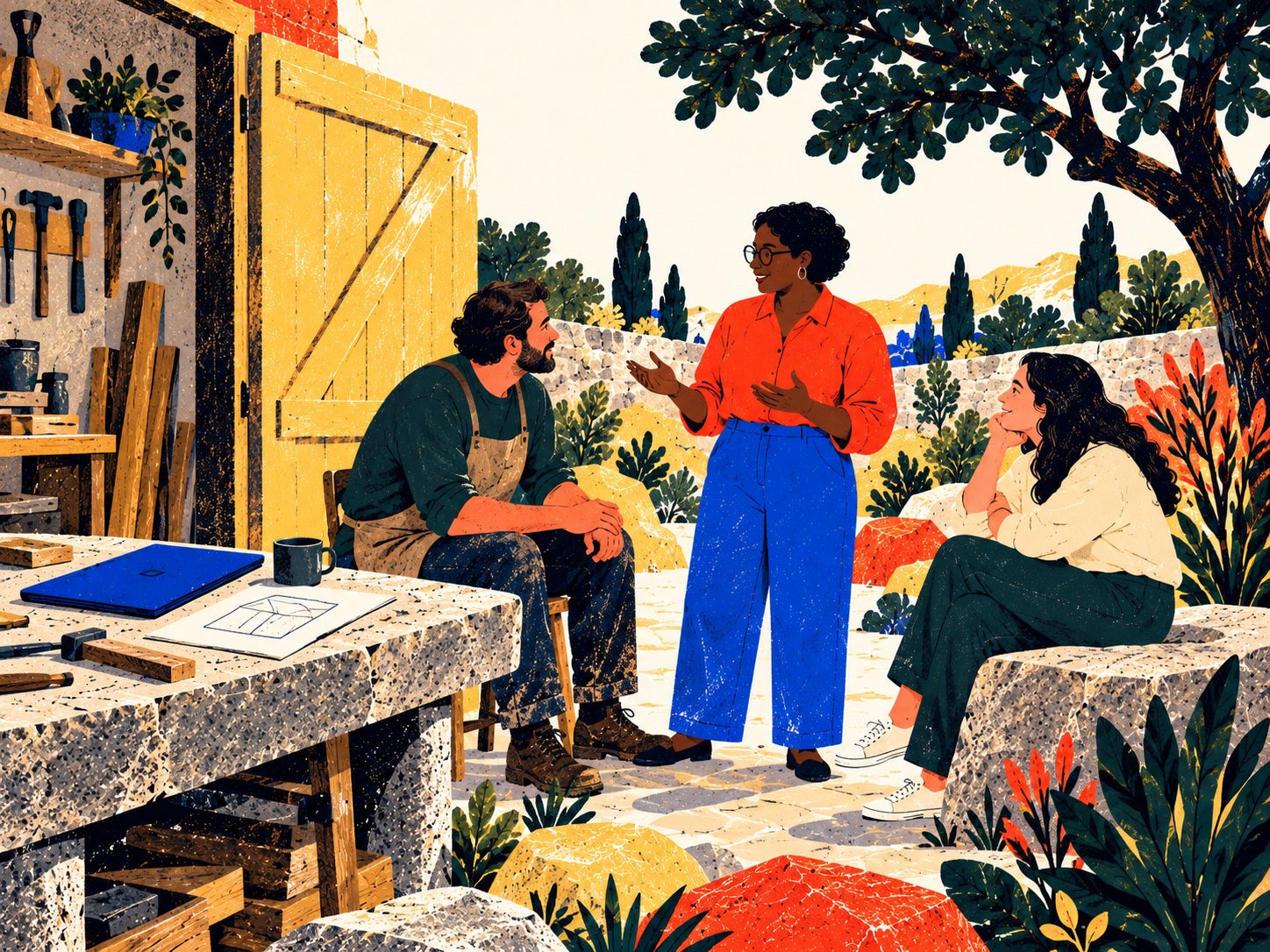 Three adults talking at an open workshop doorway, with a closed laptop and tools on a stone workbench.