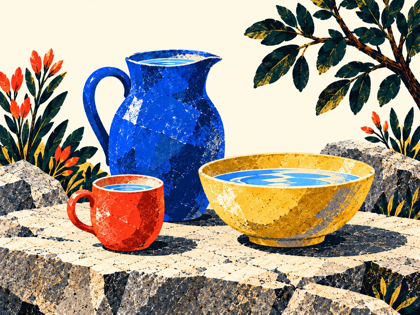 A small red cup, a tall blue jug, and a broad yellow bowl hold water on a stone ledge among dark foliage.