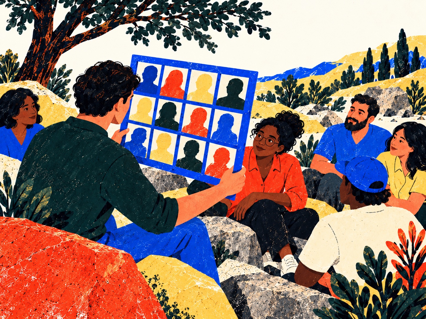 A seated person lowers a cobalt grid of uniform silhouettes to meet the gaze of neighbors gathered among stones.
