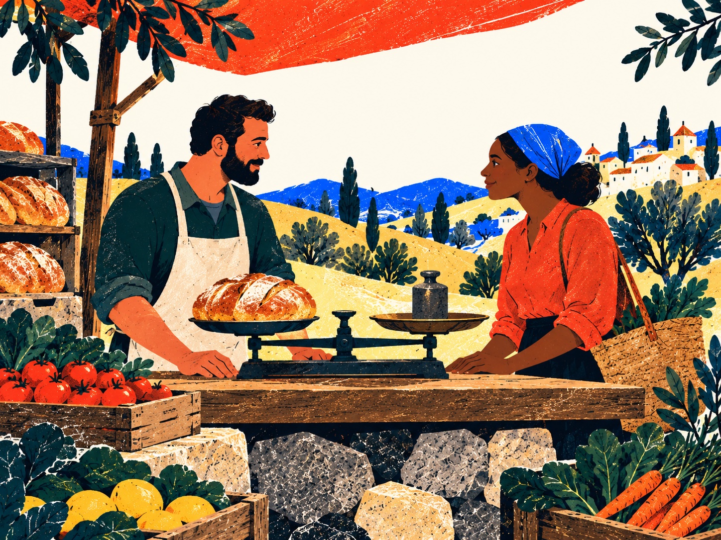 A baker and customer face each other across a counter with a level scale balancing a loaf and a plain weight.
