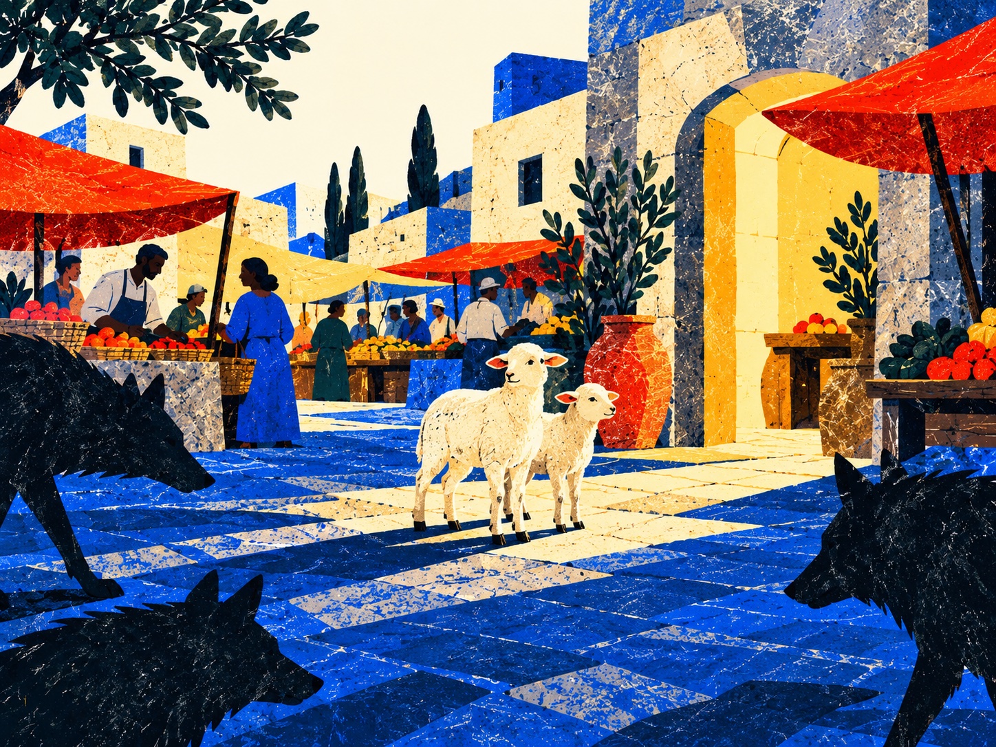 Two cream lambs stand in a blue market square near an open yellow doorway, with dark wolf silhouettes at the edges.