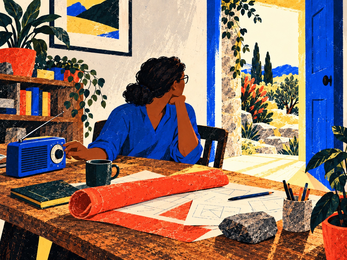 A person turns from a cobalt radio toward an open doorway, with rolled vermilion plans on the table.