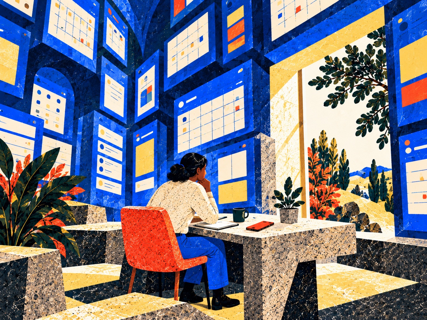 A person pauses at a stone desk beneath towering cobalt calendars and screens, with a face-down red phone beside an open sunlit window.