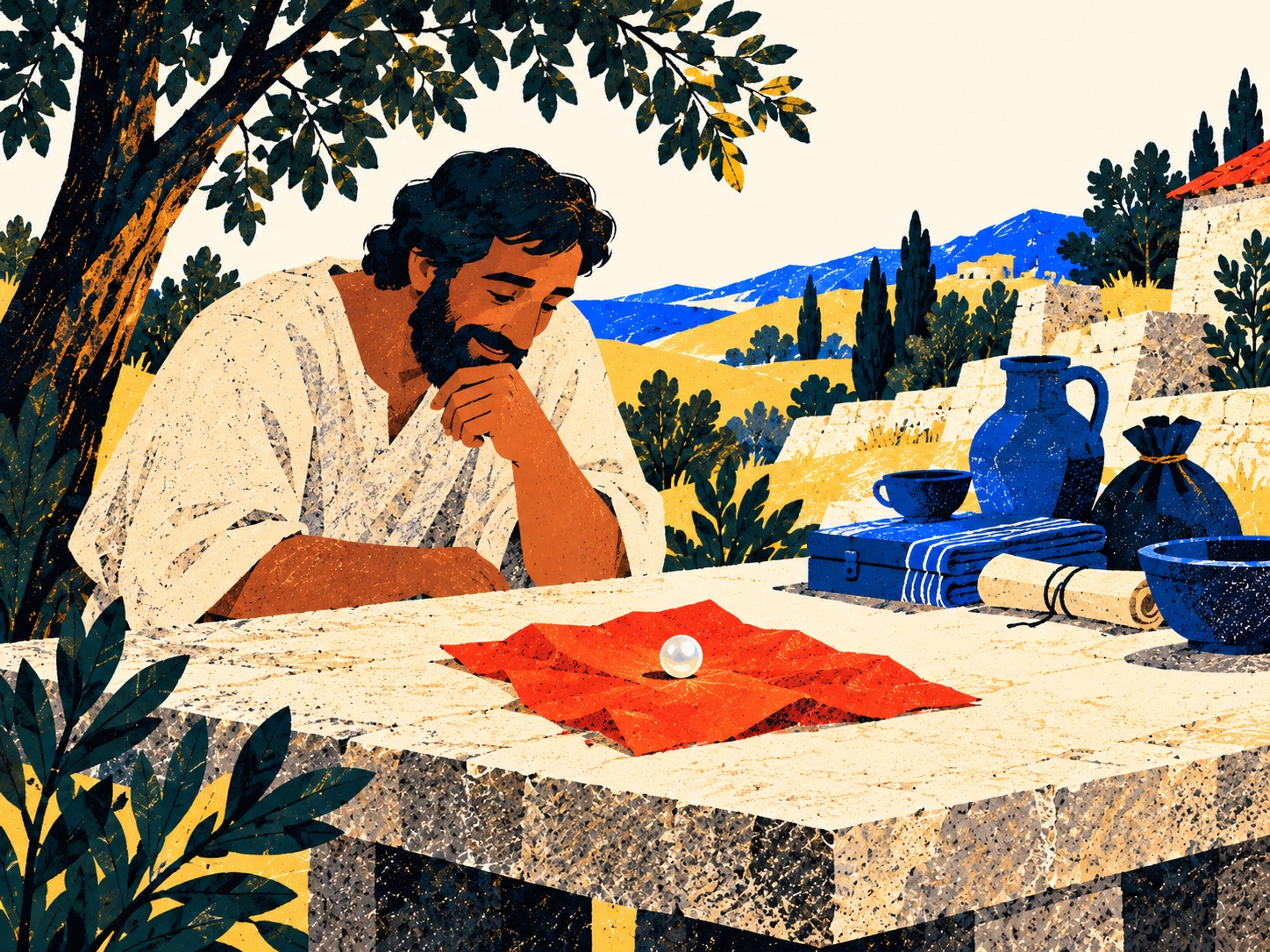 A merchant smiles at a single pearl on a vermilion cloth, with a compact collection of blue possessions set to one side.