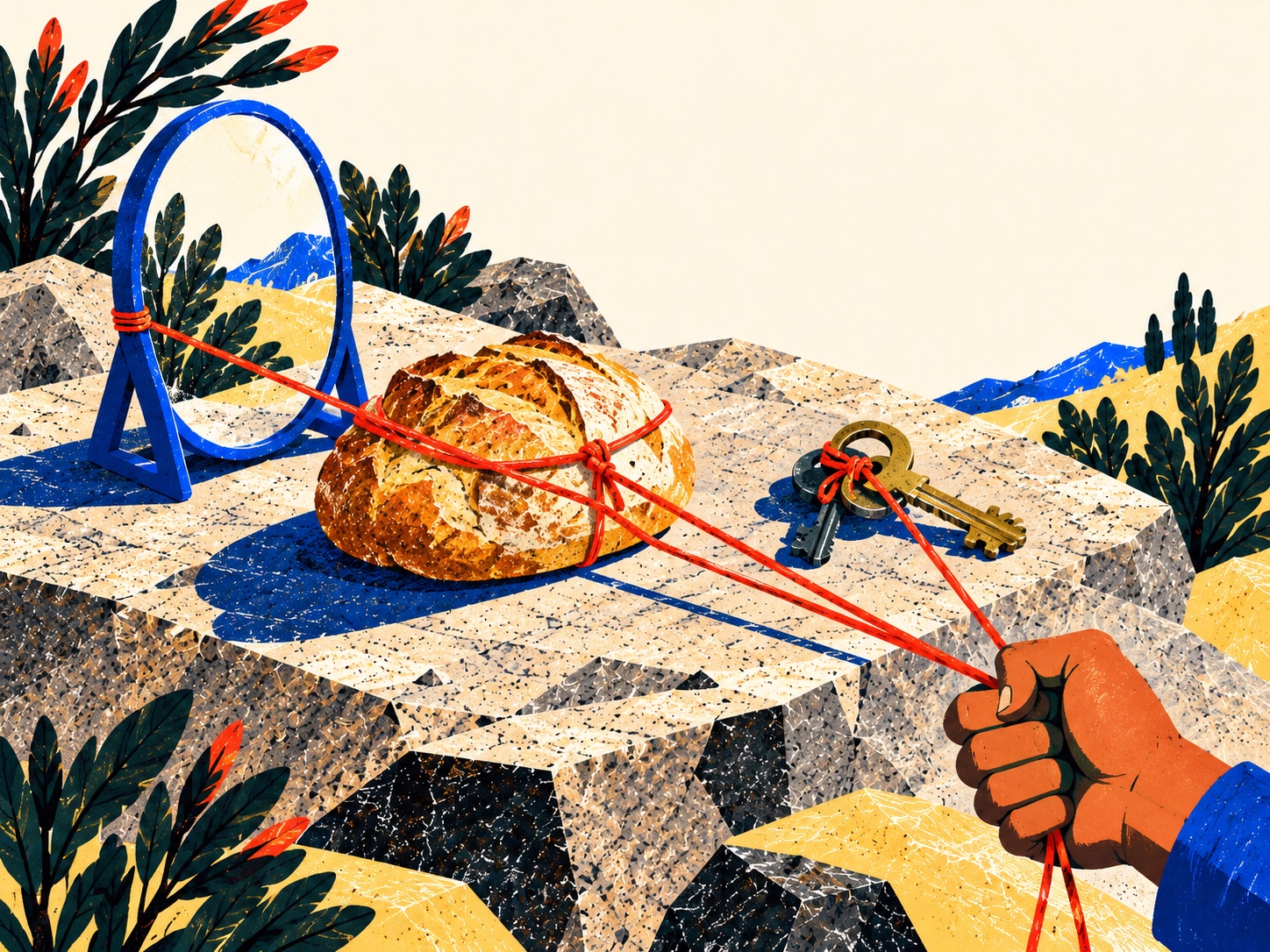 A closed hand grips red cords tied around a loaf of bread, a blue-framed mirror, and a pair of keys.