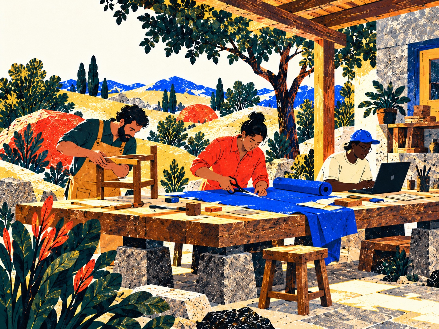 Three makers share a sunlit bench, fitting a wooden chair, cutting cobalt cloth, and working at a laptop.