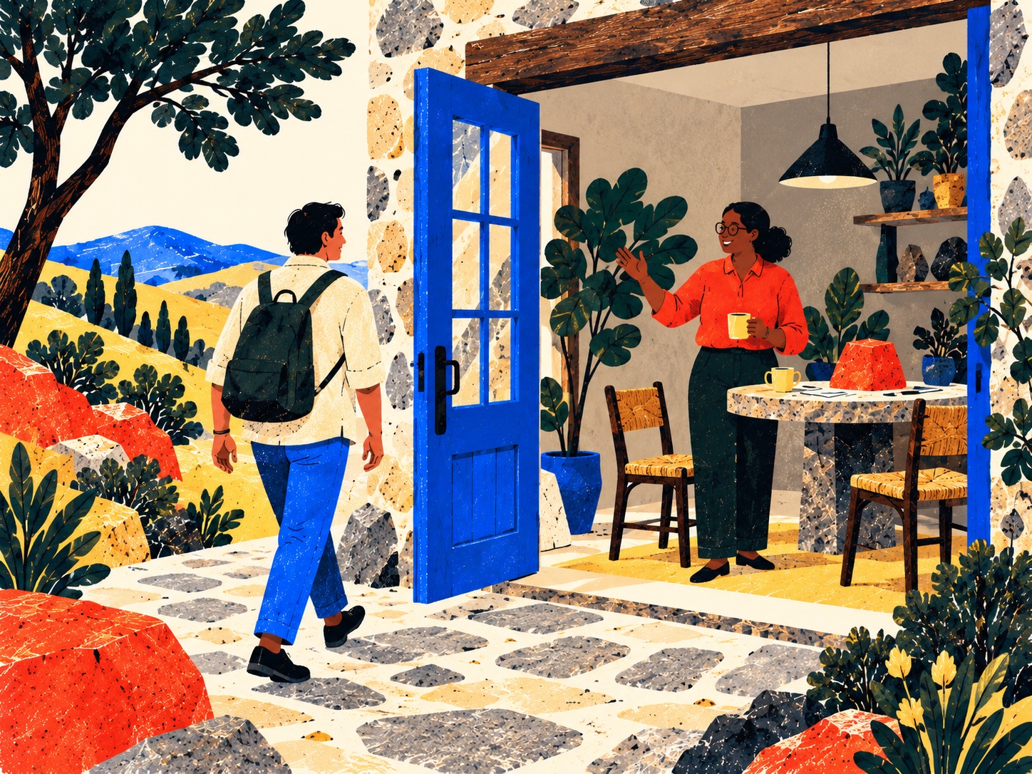 A host waves beside a table and two chairs while a visitor stands at the wide-open cobalt shop door.