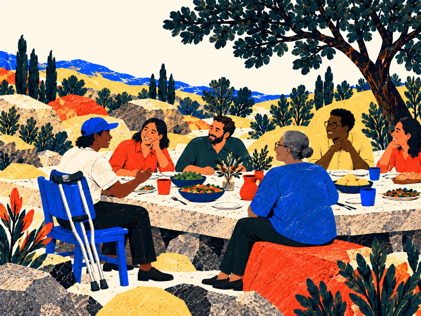 Friends share a meal at one broad stone table, with crutches resting beside a guest’s blue chair.