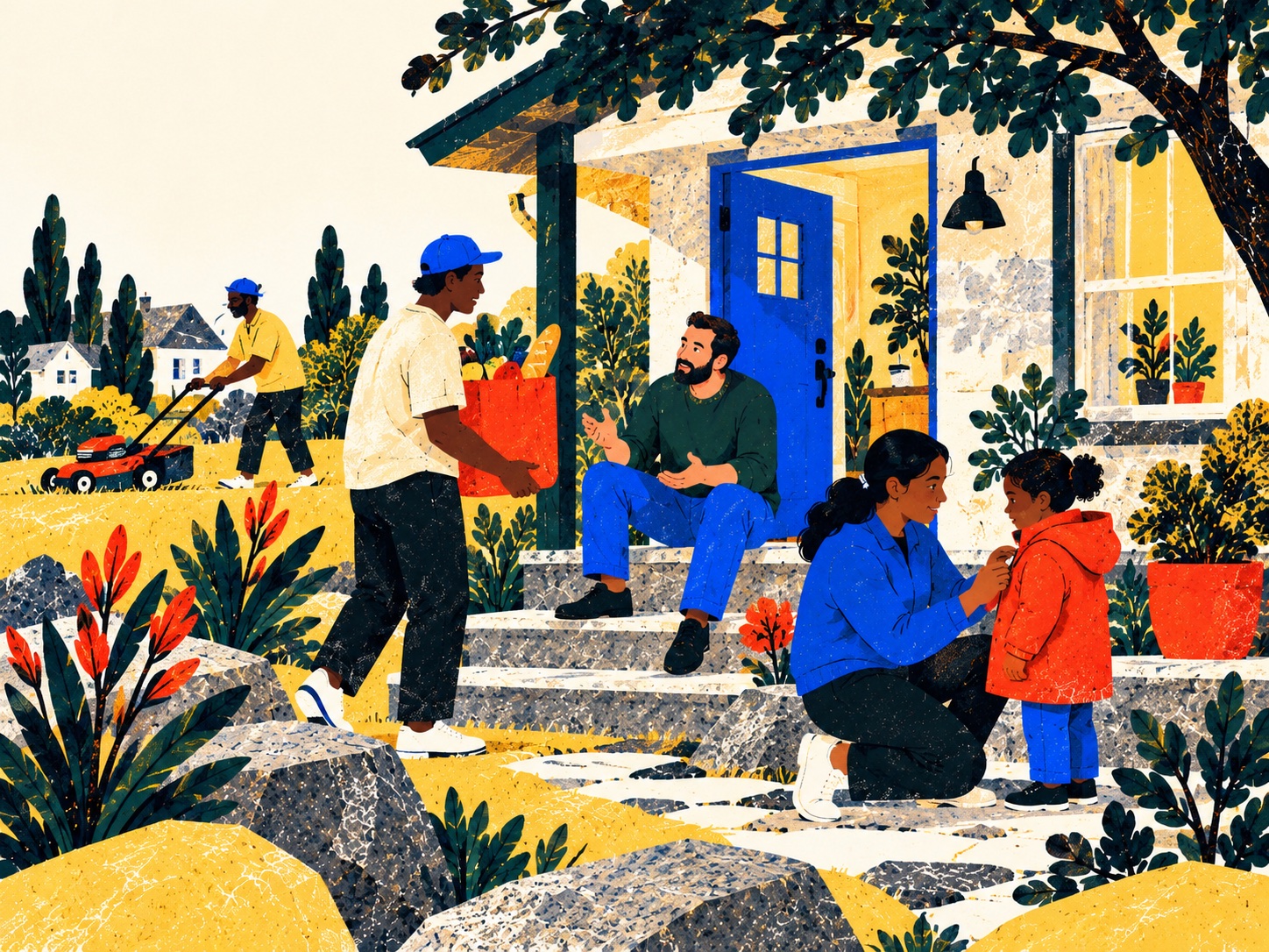 Neighbors bring groceries, help a child into a red coat, and mow the lawn around an open blue doorway.