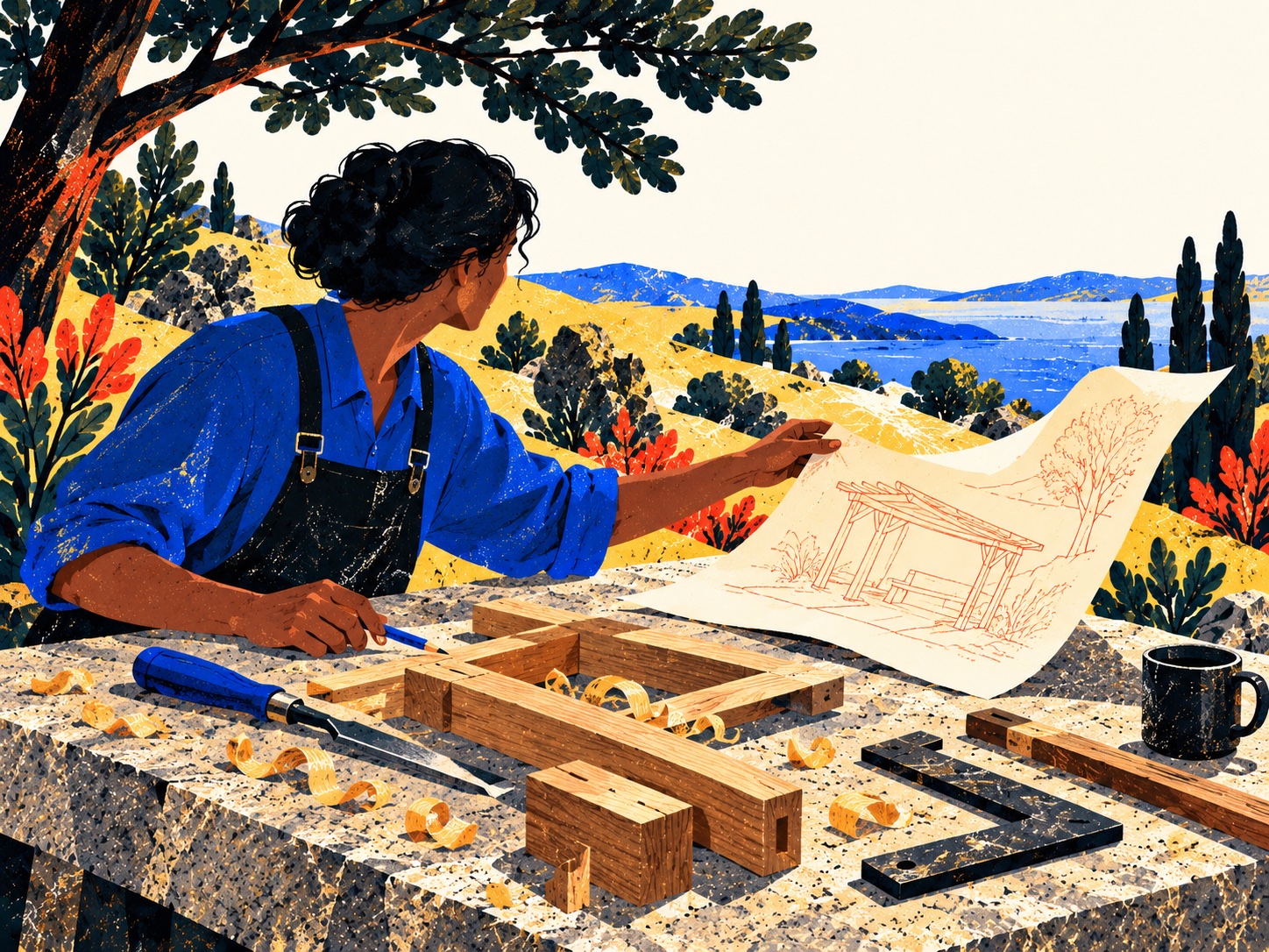 A maker pauses over an unfinished wooden frame as the loose corner of a red drawing lifts above the tools.