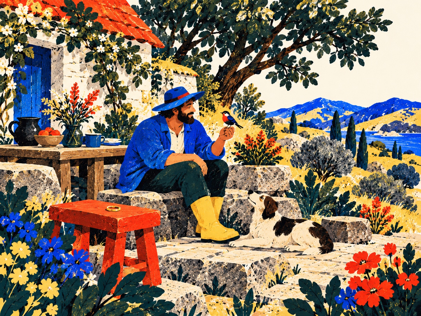 A bearded man in a blue coat and yellow boots enjoys a small bird beside a cottage, while a gold ring rests unattended on a red stool.