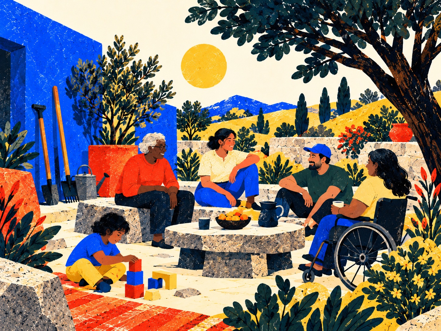 A child plays with blocks while four adults, including an older woman and a wheelchair user, rest together in a sunny courtyard.