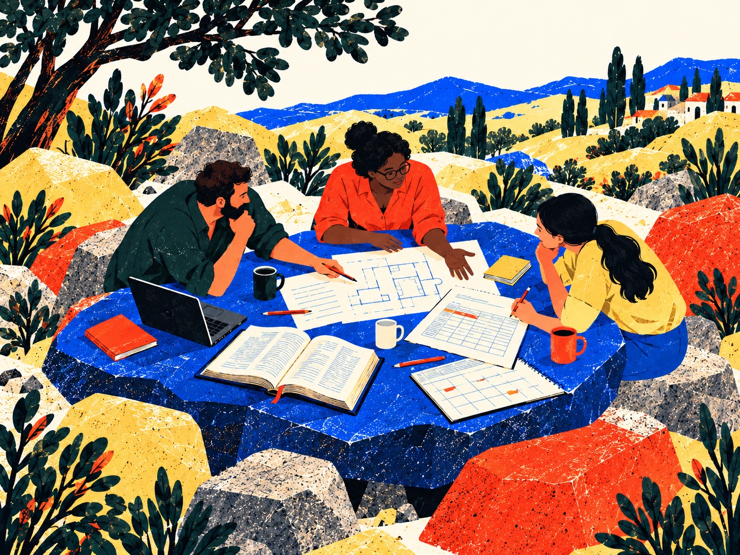 Three people consider a floor plan, an open Bible, a calendar, and unnumbered work sheets around a blue stone table.
