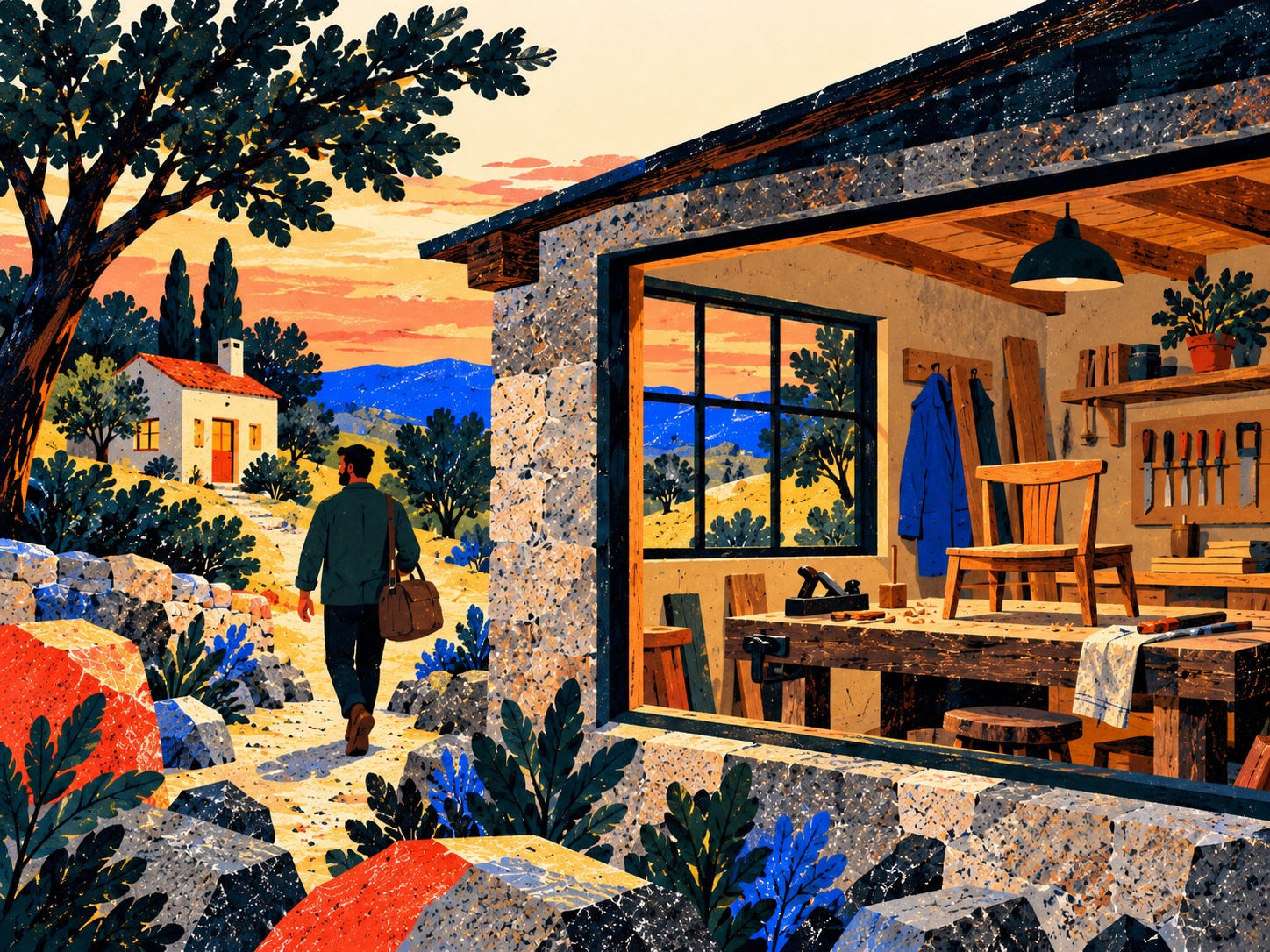 A maker walks home at dusk, leaving a blue jacket, carefully placed tools, and an unfinished chair in a quiet workshop.