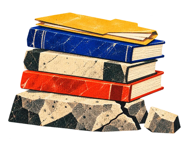 Three business ledgers and a folder rest on a fractured stone support with a broken piece beside it.