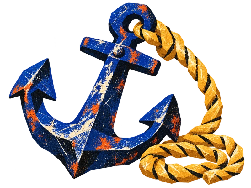 A blue iron anchor with an ochre rope threaded through its eye and loosely coiled beside it.