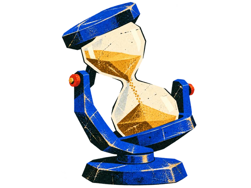 A cobalt hourglass tilted in a swivel cradle, with golden sand falling between cream chambers.