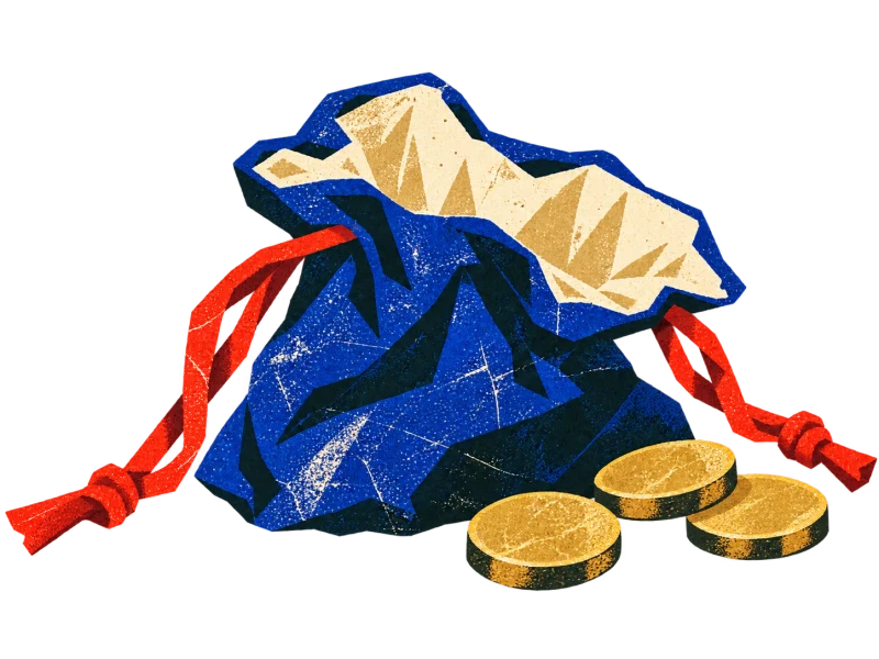 A loosely open blue cloth moneybag with untied red cords and three plain gold coins.