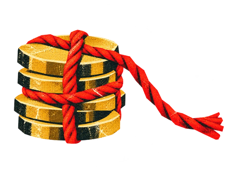Plain gold coins bound tightly with a rough red cord trailing to one side.