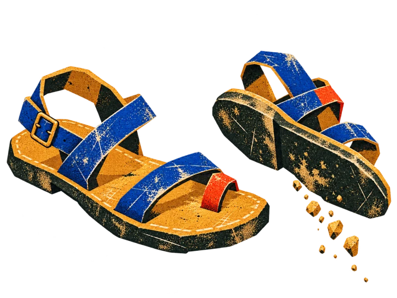 Two worn sandals with blue straps and red accents, one tipped to release ochre dust.