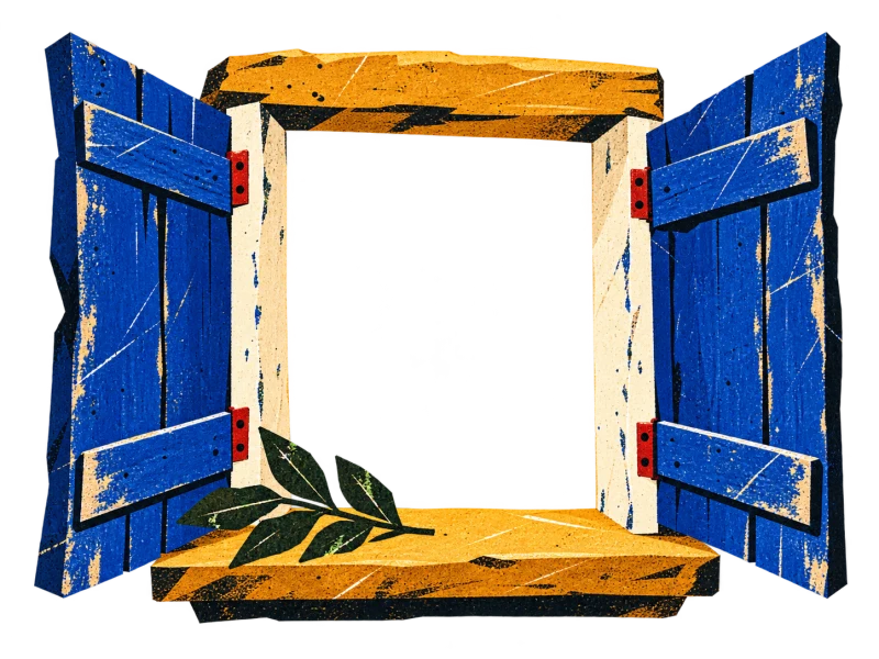 Cobalt wooden shutters open around a bare window frame, with a dark leafy twig on its ochre sill.