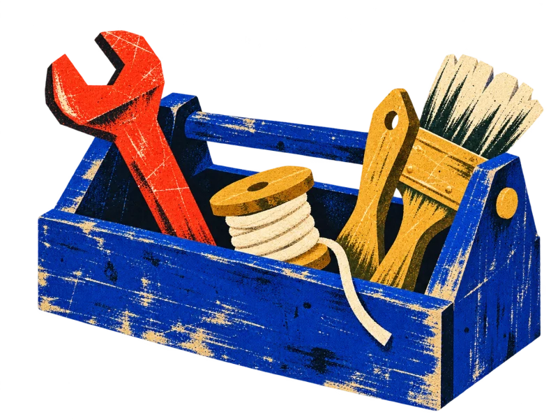 An open blue toolbox holding a red wrench, a paintbrush, a wooden tool handle and a spool of cream cord.