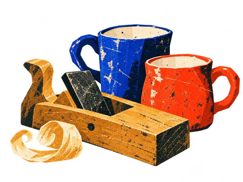 Two simple blue and red cups beside a wooden hand plane and a curled shaving.