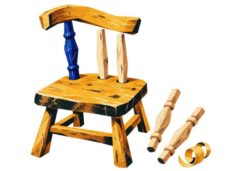 An unfinished angular wooden chair with one blue spindle, two loose spindles and a curled shaving.