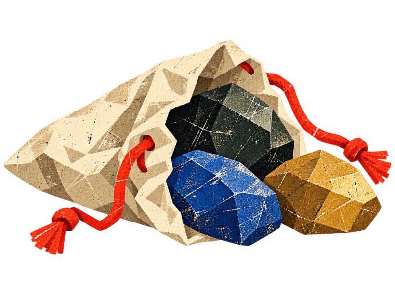 Three plain weighing stones spilling from a cream cloth bag with loose red drawstrings.