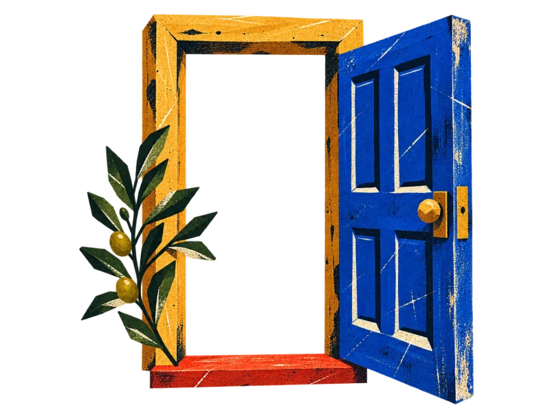 An open blue timber door in an ochre frame, with an olive sprig beside its red threshold.