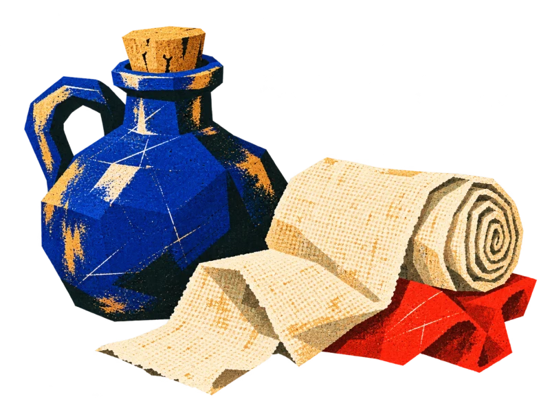 A cobalt oil flask with an ochre cork beside a rolled cream bandage and red cloth.