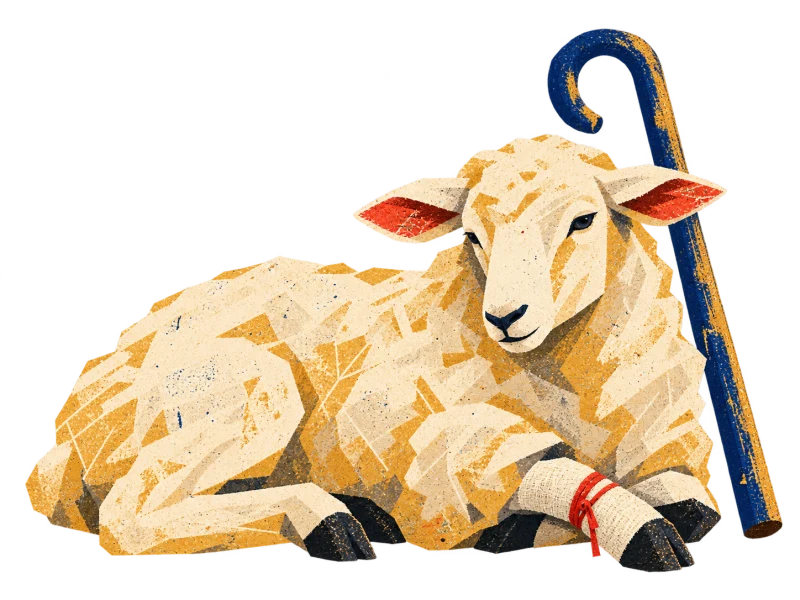 A resting cream sheep with a linen wrap and small red tie around one foreleg, beside a blue shepherd's crook.