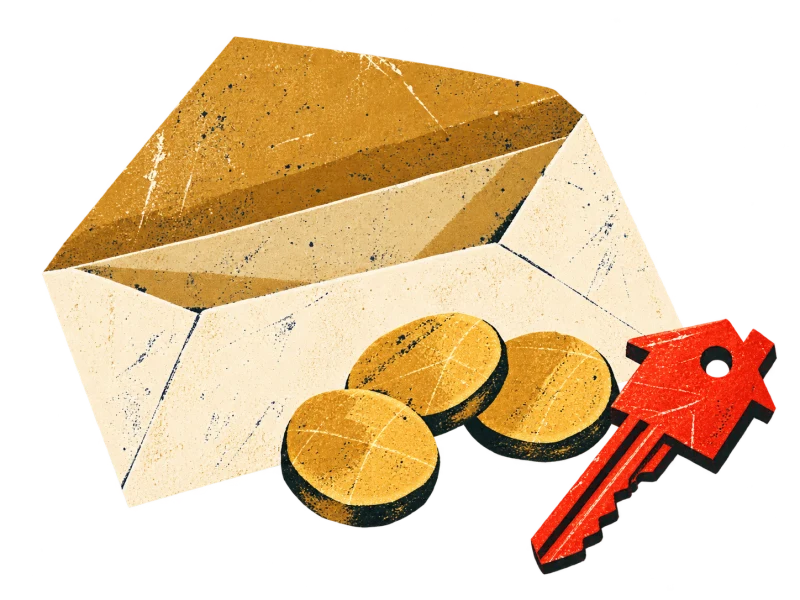 An open cream pay envelope beside three gold coins and a red house key.