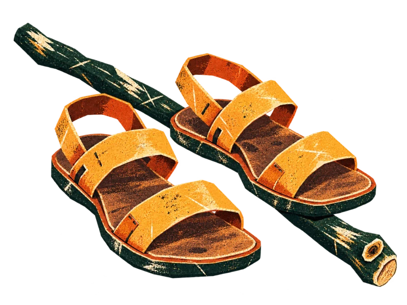 Two worn ochre sandals, one set ahead of the other, beside a dark green walking staff.