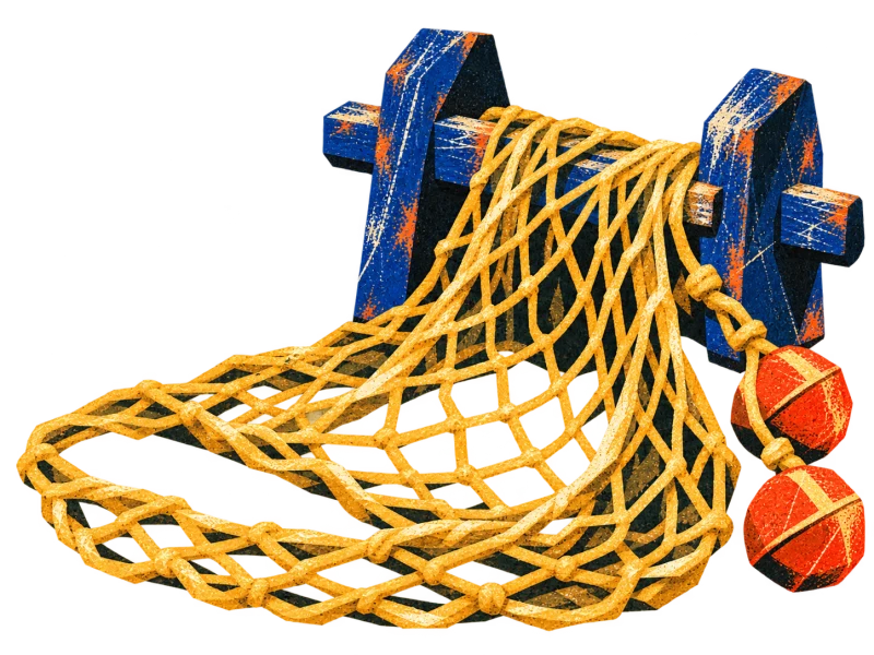 An ochre fishing net lies over a blue wooden net winder beside two red floats.