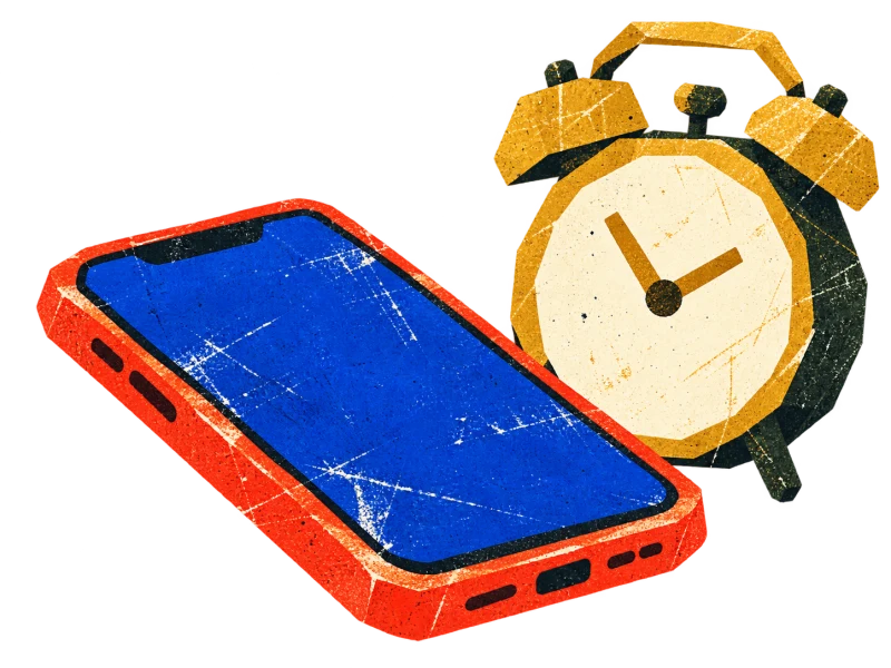 A red phone with a blank blue screen beside an ochre alarm clock without numerals.