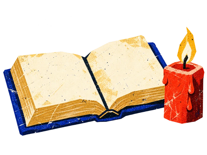 An open blue-bound book beside a short red candle with a small golden flame.