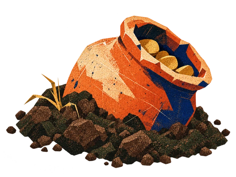 A partly uncovered terracotta jar in dark soil, with a few dull gold pieces visible at its mouth.