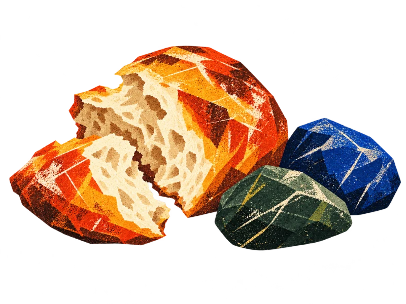 A torn ochre loaf with a cream interior beside angular blue and green stones.